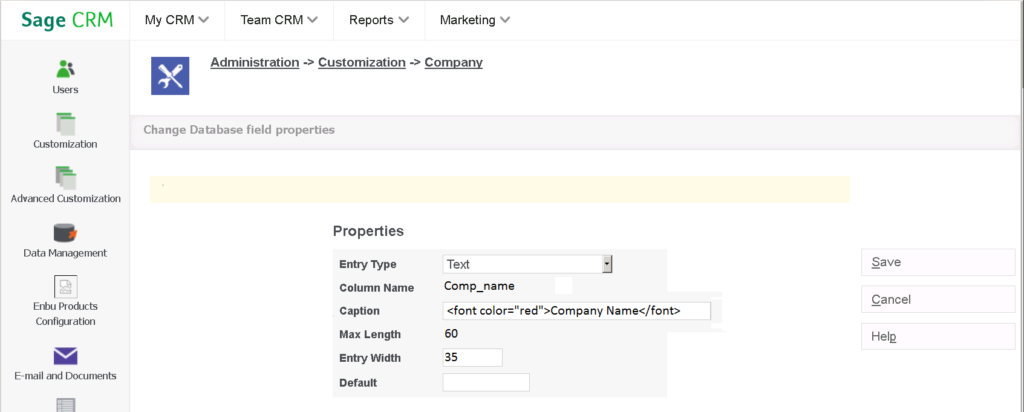 Sage CRM Altering Font Color Size Face 2