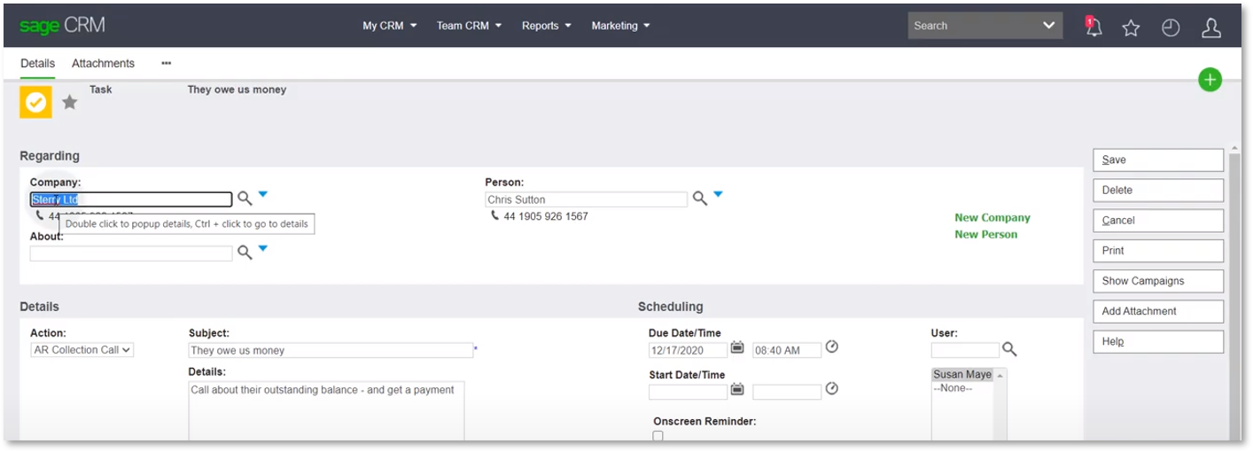 Manage Receivables with Sage CRM AR Collection Call Task Customer Details