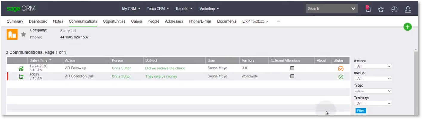 Manage Receivables with Sage CRM Customer Contact History